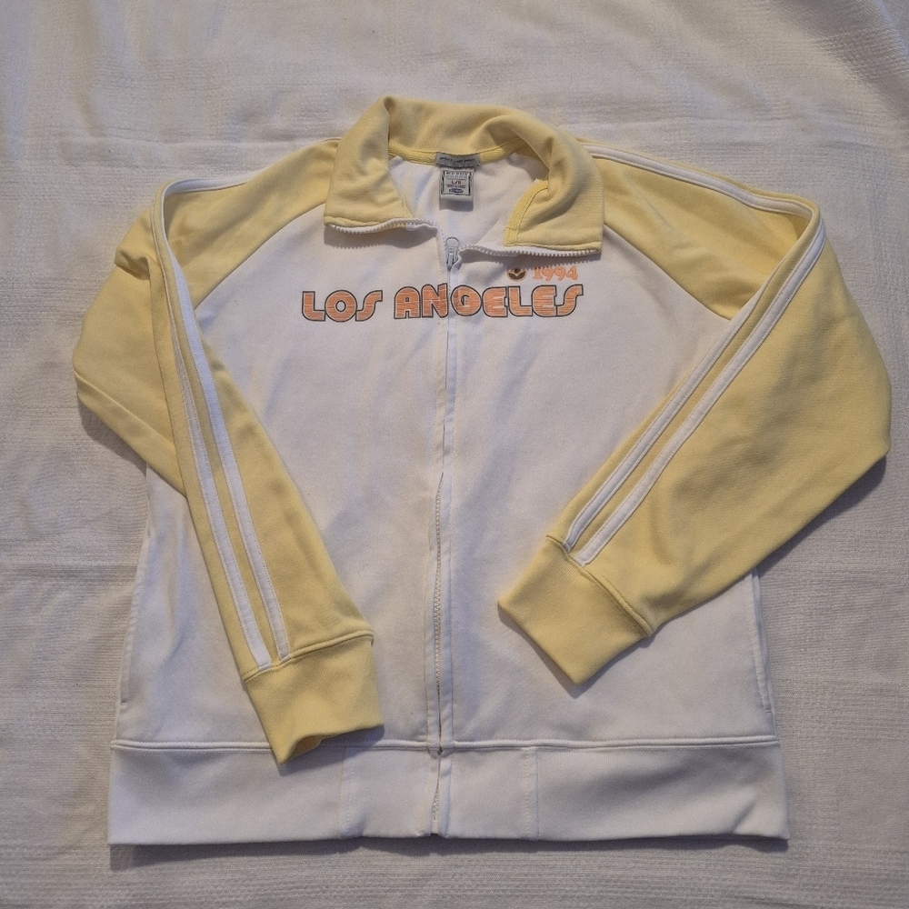 Old Navy women's Large track jacket white with yellow sleeve accent full zip GUC